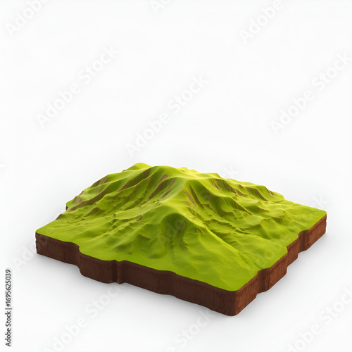 Background concept - Erosion - Aerial view of hilly landscape mountainous territory - 3D rendering digital terrain model with hypsometric colorization green, bump