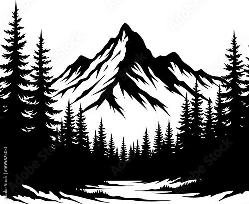 Mountain Tree  Romantic Couple Walking in Forest Silhouette Art
