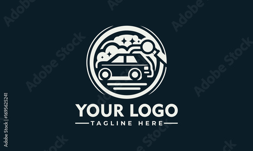 Car wash logo featuring a vehicle being cleaned inside a circular frame, with space for a company name and tagline.