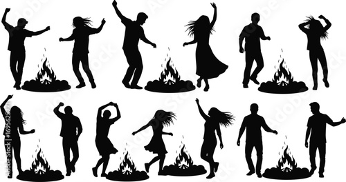 People dancing around bonfire silhouette, night fire celebration, friends enjoying campfire, outdoor festival party, music dance lifestyle, vector illustration design