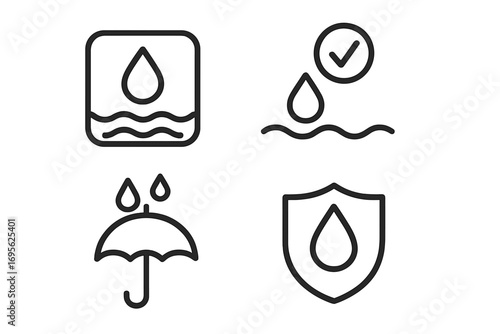 Waterproof icon set. Water resistant and protection symbols. Drop, shield, umbrella line icons for web and apps. Quality tested liquid proof vector illustration collection.