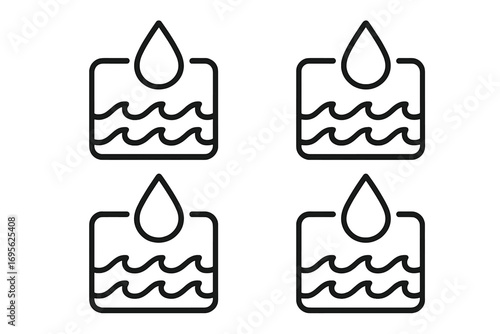 Waterproof icon set. Water drop and waves symbol. Water resistant pictogram. Liquid proof sign. Rain protection. Weather forecast. Clean aqua fluid label for package design.