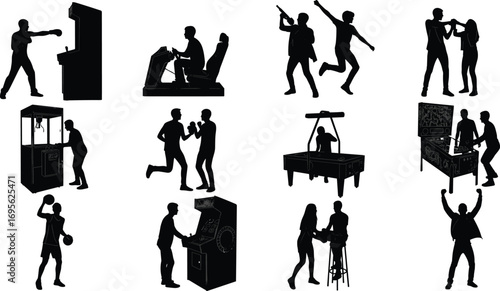 People playing arcade games silhouette, pinball, air hockey, claw machine, gaming lifestyle, fun activity, entertainment center, vector illustration design