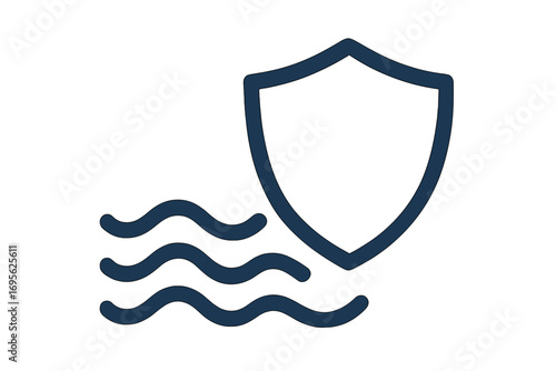 Waterproof icon vector. Water resistant symbol. Shield and water waves. Protection from liquid, moisture, rain. Hydrophobic surface quality sign. Durability and safety guard.