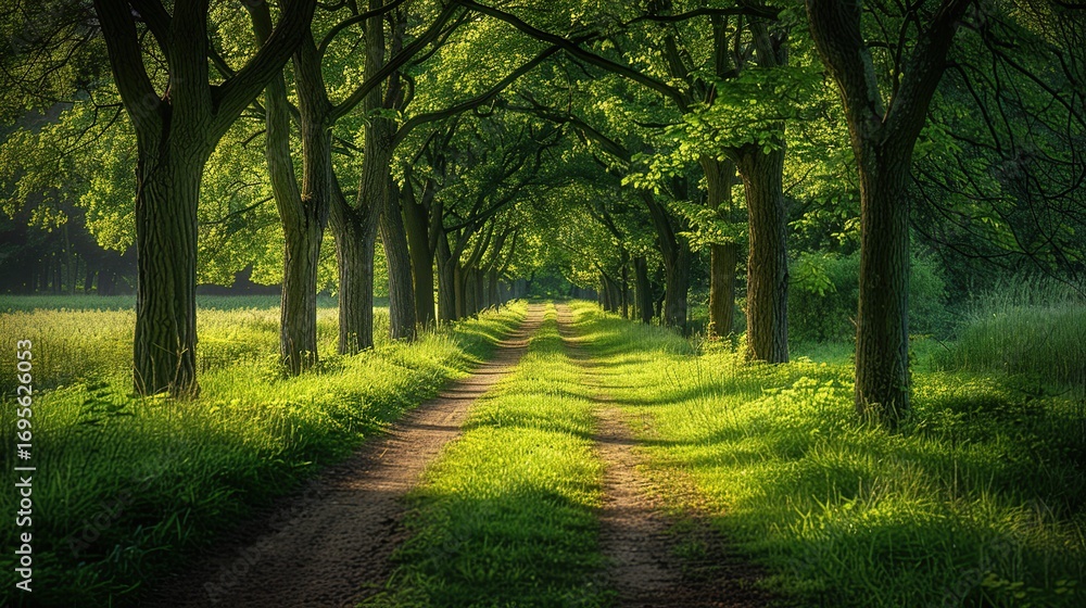 Naklejka premium Peaceful Tree Lined Path in a Green Countryside Landscape for Relaxation