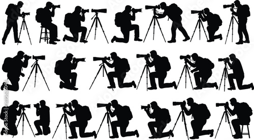 Photographer silhouettes, camera man with tripod, wildlife photography vector, professional photo shoot concept, lensman illustration, travel photography icon, creative artist design