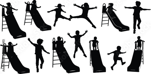 Silhouette children playing on slide, kids outdoor playground fun, jumping, sliding, climbing, childhood activity, lifestyle vector, happy recreation design