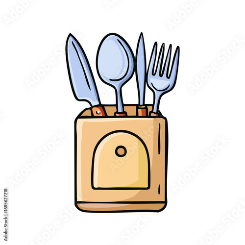 Wooden cutlery holder with spoon fork and knife