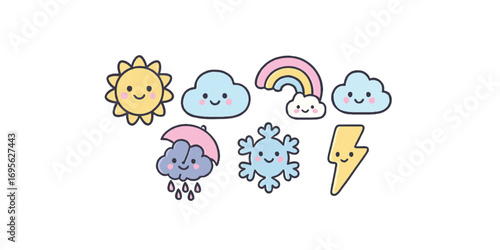 Print   Cute Weather Sticker Set – smiling sun, happy cloud, rainbow with face, rainy cloud with umbrella, snowflake character, lightning bolt – pastel kawaii cartoon style, thick outline, white