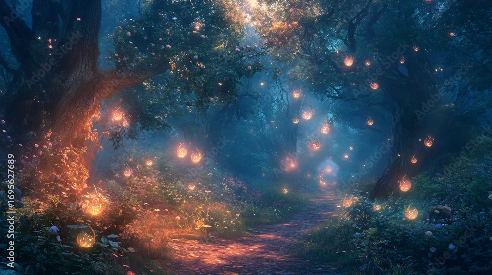 Naklejka premium Enchanted Forest Path: Glowing Lanterns and Dreamlike Atmosphere