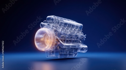 Fototapeta Naklejka Na Ścianę i Meble -  High-tech Transparent Engine Model with Glowing Elements and Blue Background for Automotive Concepts