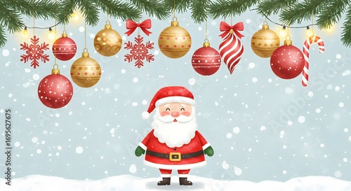 Festive Watercolor Christmas Scene with Santa and Ornaments