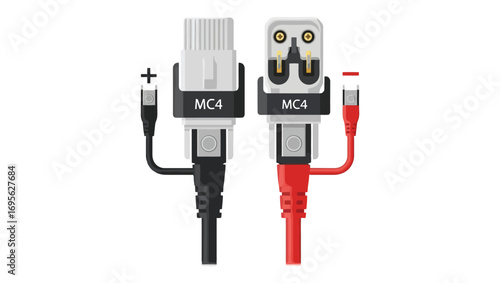 Innovative MC4 solar connectors, one black positive and one red negative, each equipped with supplementary charging interfaces for versatile energy solutions in renewable power systems