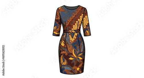A colorful, patterned dress with short sleeves and a fitted waist, isolated on white.