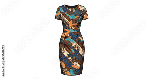 A patterned dress with short sleeves and a fitted silhouette, featuring a colorful design of leaves and abstract shapes on a white background.