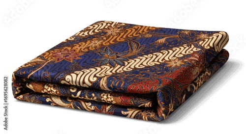 Folded batik fabric featuring intricate floral and geometric patterns in shades of blue, brown, and cream, displayed on a white surface.