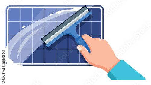 Illustration of Hand Cleaning a Solar Panel with Squeegee for Efficiency