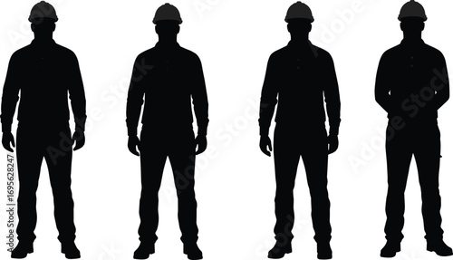 Silhouette group of construction workers in hard hats, standing poses, industrial labor, safety helmet, building industry, teamwork, vector illustration