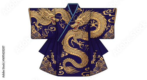 Intricate illustration of a dark blue robe adorned with golden dragons and cloud patterns, presented on a white background.