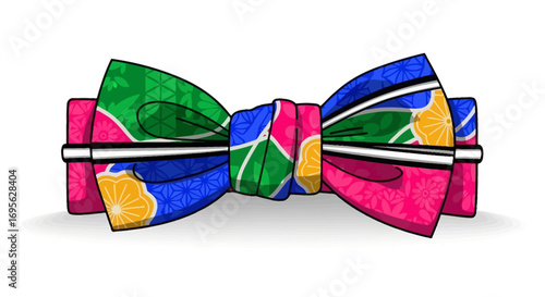 Colorful, patterned bow tie illustration with a vibrant mix of colors and design.