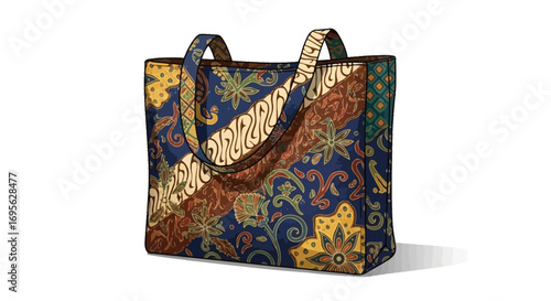 A stylish tote bag featuring a vibrant and intricate batik pattern in shades of blue, gold, and brown, standing on a white surface.