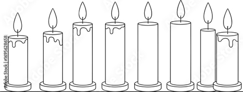 Burning candle set in line art style, wax dripping, flame outline, minimalist black and white vector illustration for decoration.
