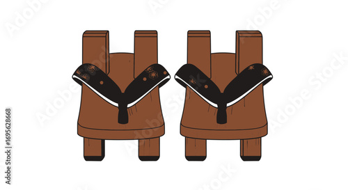 Two traditional Japanese geta sandals with brown wooden soles and black straps displayed against a white background.