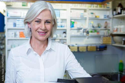 Mature adult woman pharmacist standing at pharmacy counter organizing medication boxes, smiling