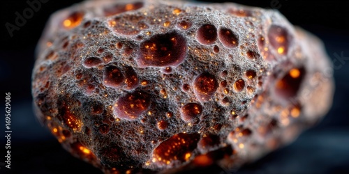 A detailed close-up shows a glowing, textured rock with intricate patterns and vibrant colors.