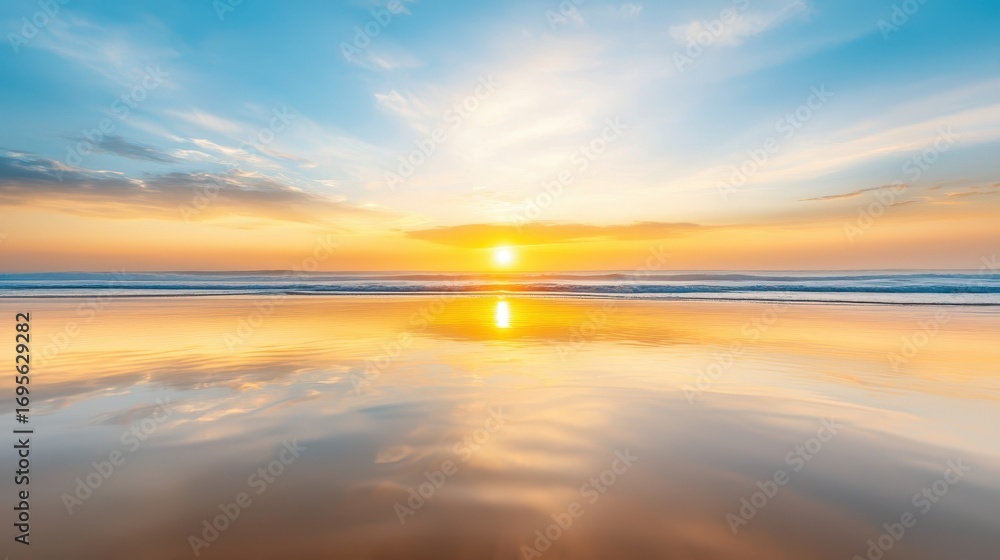 Fototapeta premium Beach sunset fog concept. Vibrant sunset reflecting on tranquil ocean waters.