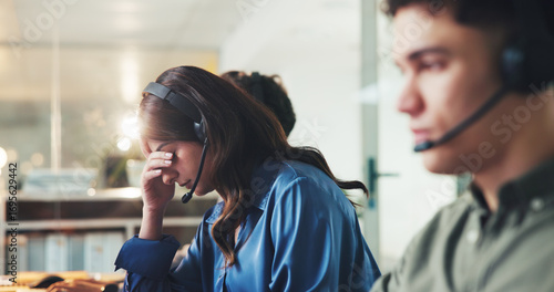 Fotografie Woman, call center and stress with headache at office, contact and frustrated with lost sale at company