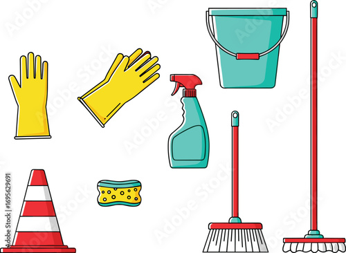 Colorful cleaning supplies illustration including gloves, bucket, spray bottle, sponge, broom, mop, and safety cone, vector household cleaning tools