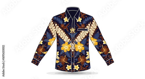 A digitally rendered illustration of a long-sleeved batik shirt, showcasing intricate floral designs.