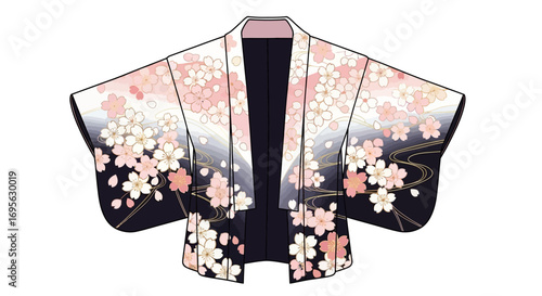 A beautifully illustrated traditional Japanese kimono featuring blooming cherry blossoms in a detailed design.