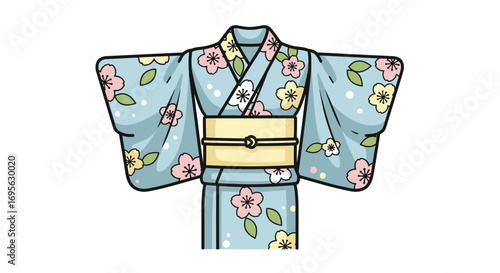 A light blue kimono with floral patterns and a yellow obi belt, displayed on a white background.