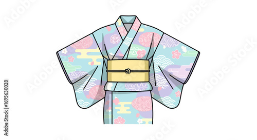 Illustration of a pastel-colored kimono with cloud and floral patterns, displayed on a white background.
