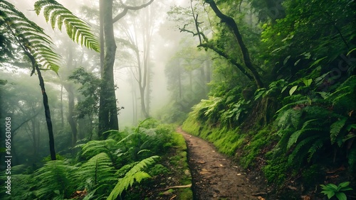 Lush Green Rainforest Path with Foggy Atmosphere and Vibrant Ferns and Trees