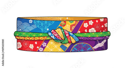 Colorful illustration of a Japanese bento box wrapped with a decorative cord and adorned with traditional patterns.