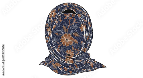 Illustration of a woman wearing a dark blue floral patterned hijab with a tan flower design, isolated on a white background.