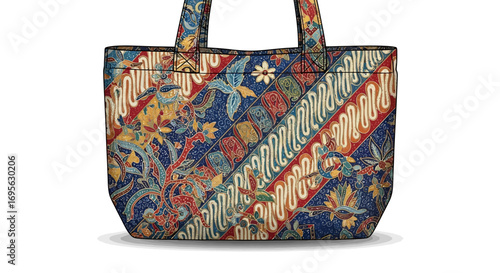 A patterned tote bag with a colorful, traditional batik design featuring floral and geometric motifs, isolated on a white background.