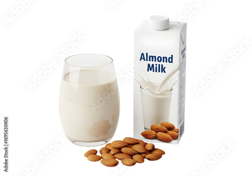 A glass of almond milk with almonds and a carton isolated on transparent background