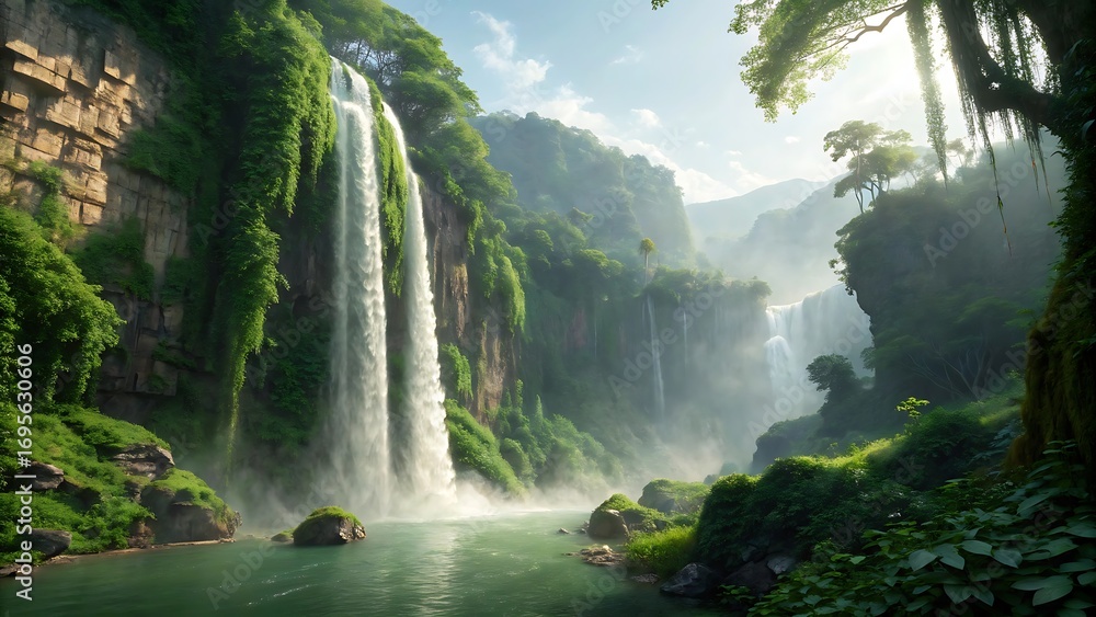 Fototapeta premium Majestic Waterfall Cascading Through Lush Green Jungle Landscape with Mist and Sunlight