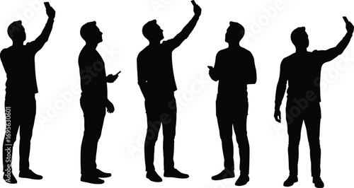 Silhouette men taking selfies, smartphone user poses, mobile phone photography, modern lifestyle concept, digital technology illustration, social media vector design
