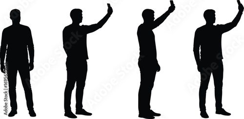 Silhouette men taking selfies, smartphone user poses, mobile phone photography, digital lifestyle concept, social media vector, modern technology illustration design