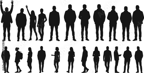 Silhouette of business people standing, walking, talking, posing, raising hands, teamwork, lifestyle, communication, office workers, corporate group vector