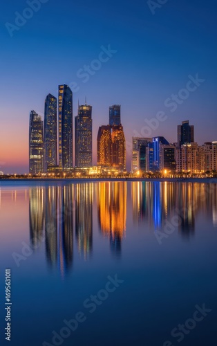 Modern Abu Dhabi Skyline at Sunset with UAE Flag Reflections Premium Evening Cityscape for Tech and Business Marketing Campaigns