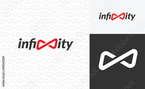 Sleek Infinity wordmark logo featuring a vibrant red infinity symbol isolated on infinity pattern background