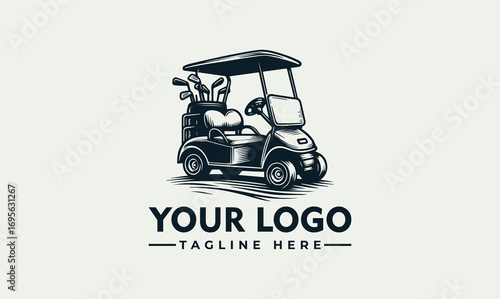 A detailed illustration of a golf cart with clubs, ready for the course.