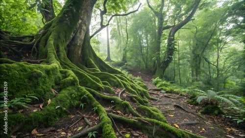 Lush Green Forest with Moss Covered Roots and a Winding Path Through Trees