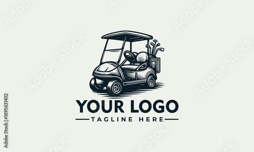 A vintage-style illustration of a golf cart with golf clubs, accompanied by customizable logo and tagline text.